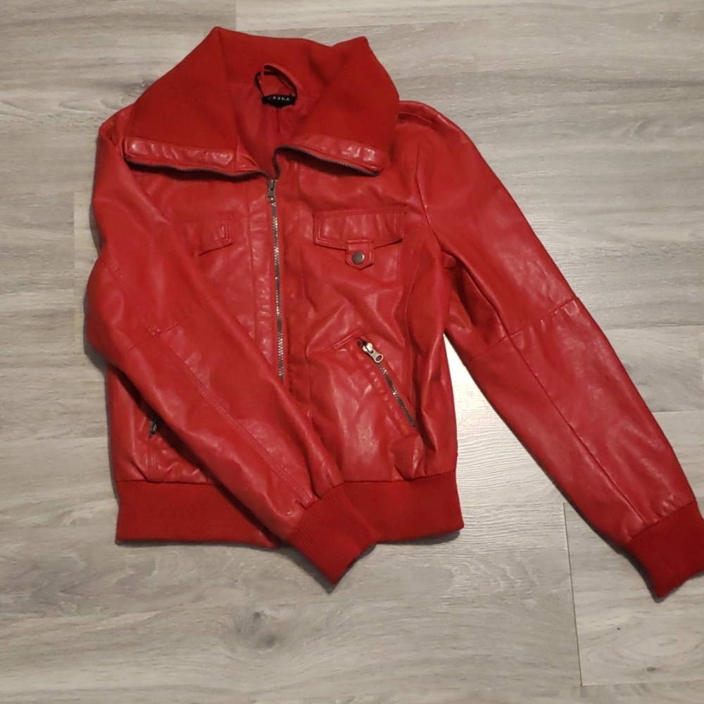 Red faux leather jacket